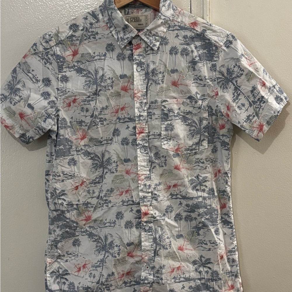 Free Planet Blue and Red Tropical Print Shirt